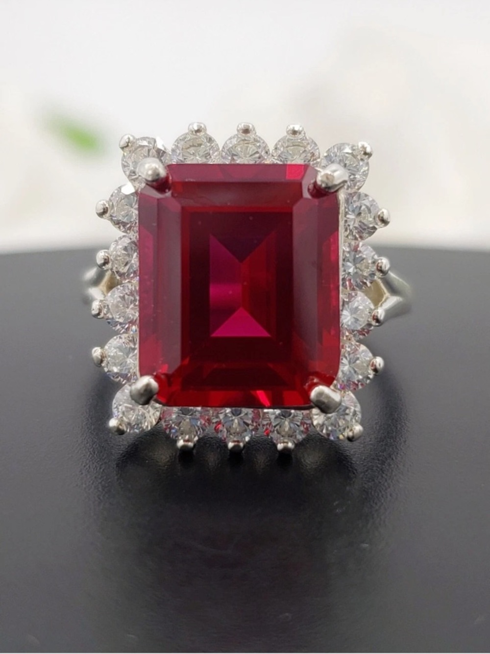 Classic Emerald-Cut ruby Halo Cocktail Ring - Women Jewelry certified